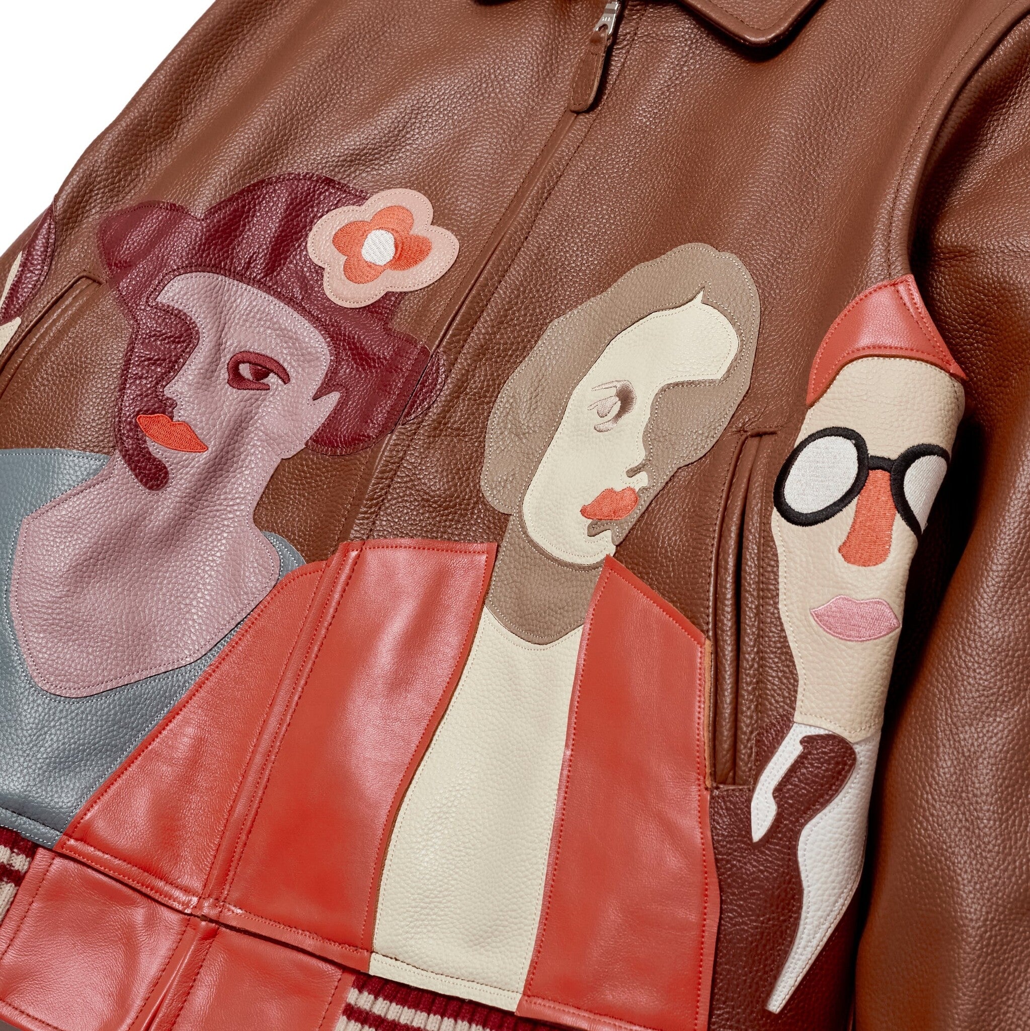 Kidsuper Patchwork Portraits Leather Varsity Jacket 'BRN|SS25-OW