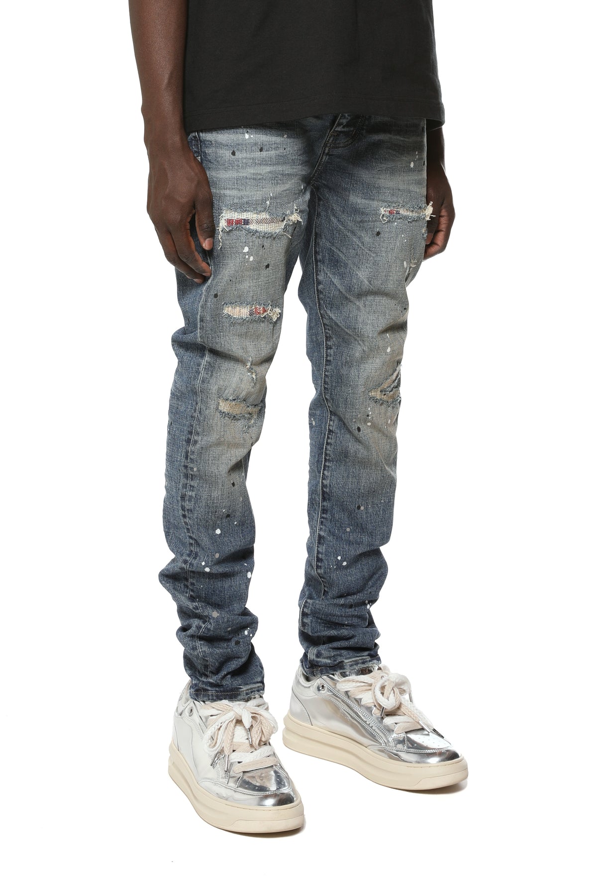 Purple Brand Skinny Plaid Paint Repair Light Denim