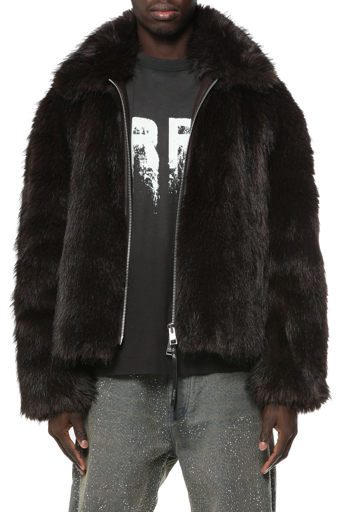 Purple Brand Faux Fur Shawl Jacket